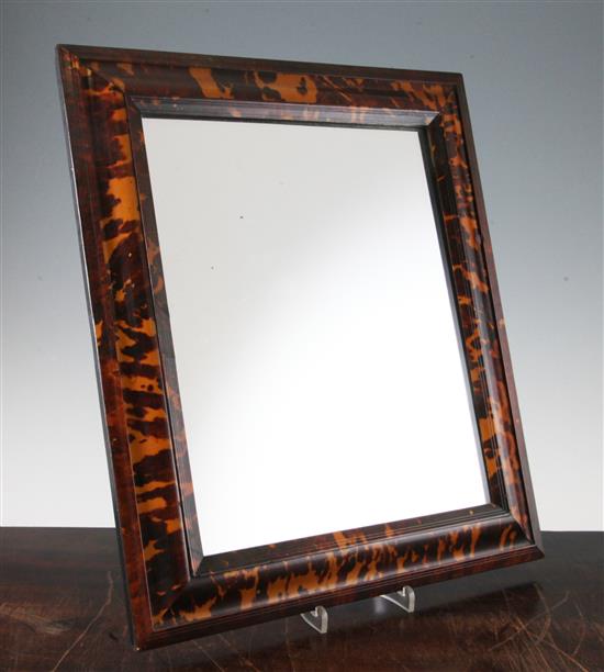 An 18th century style tortoiseshell cushion frame rectangular wall mirror, 1ft 5.25in. x 1ft 2.75in.